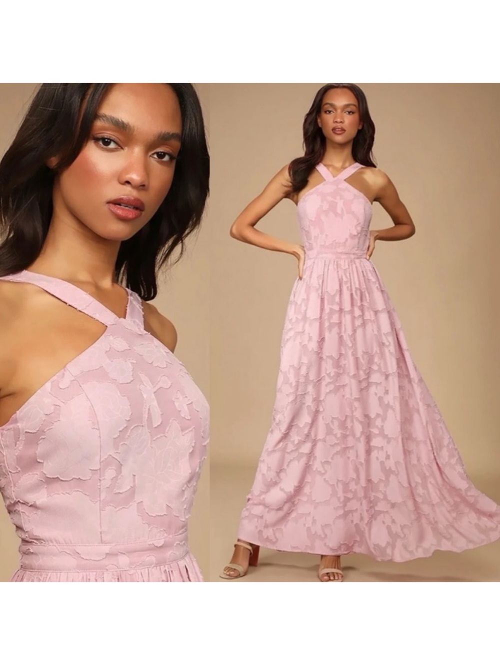 Lulu's Dress Love and Beyond Mauve Floral Lace Halter Maxi Full Length Small
